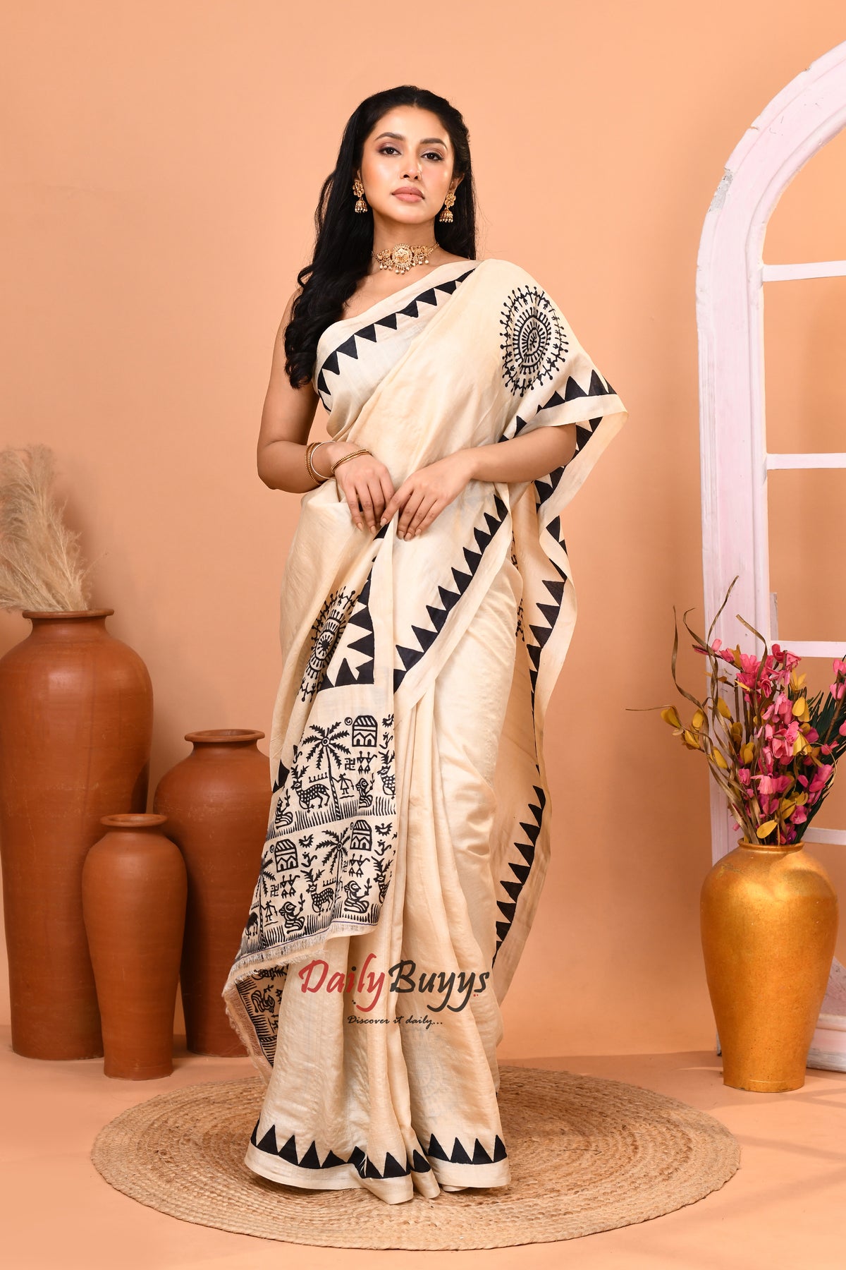 Beige Black Folk Design Block Printed Pure Silk Mark Certified Tussar Silk Sarees
