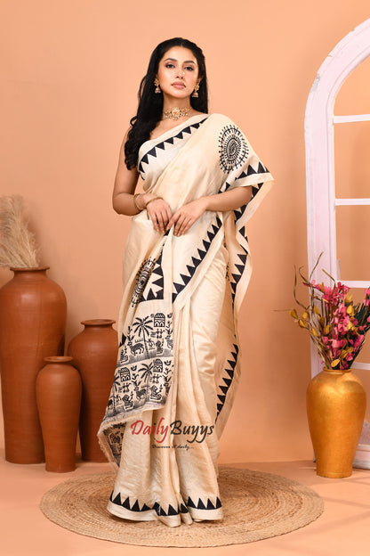 Beige Black Folk Design Block Printed Pure Silk Mark Certified Tussar Silk Sarees