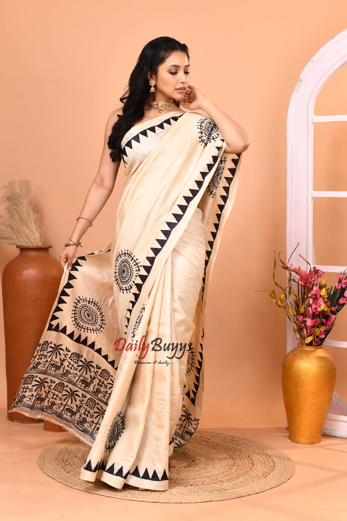 Beige Black Folk Design Block Printed Pure Silk Mark Certified Tussar Silk Sarees