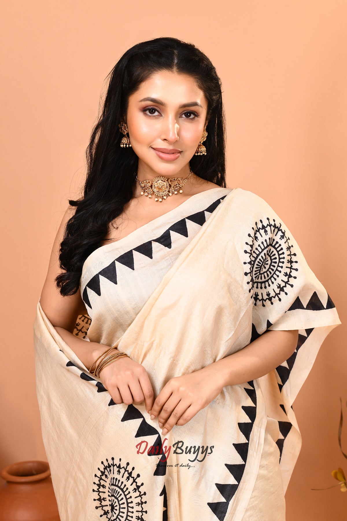 Beige Black Folk Design Block Printed Pure Silk Mark Certified Tussar Silk Sarees