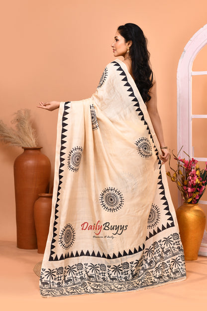 Beige Black Folk Design Block Printed Pure Silk Mark Certified Tussar Silk Sarees