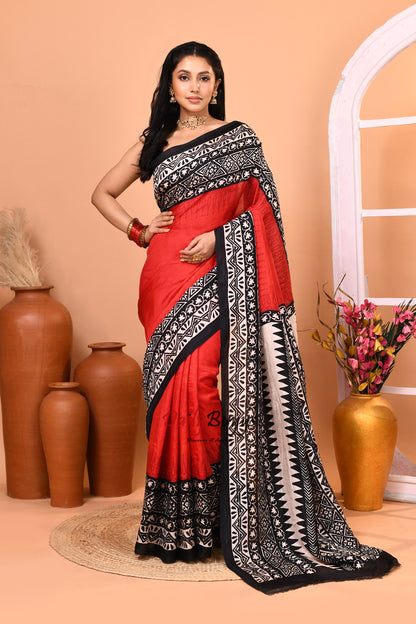 Red Black Block Printed Pure Silk Mark Certified Bishnupuri Silk Sarees