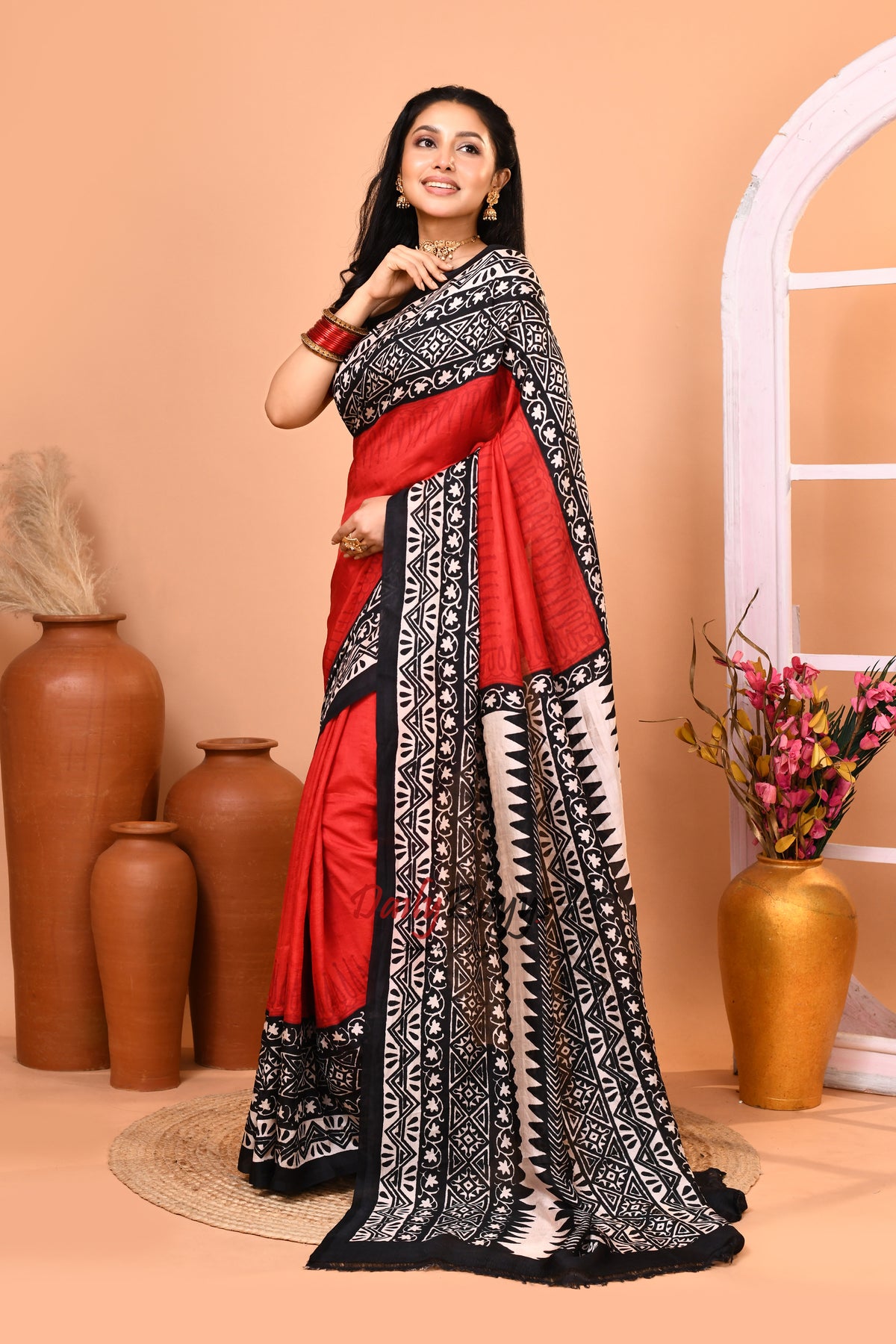 Red Black Block Printed Pure Silk Mark Certified Bishnupuri Silk Sarees
