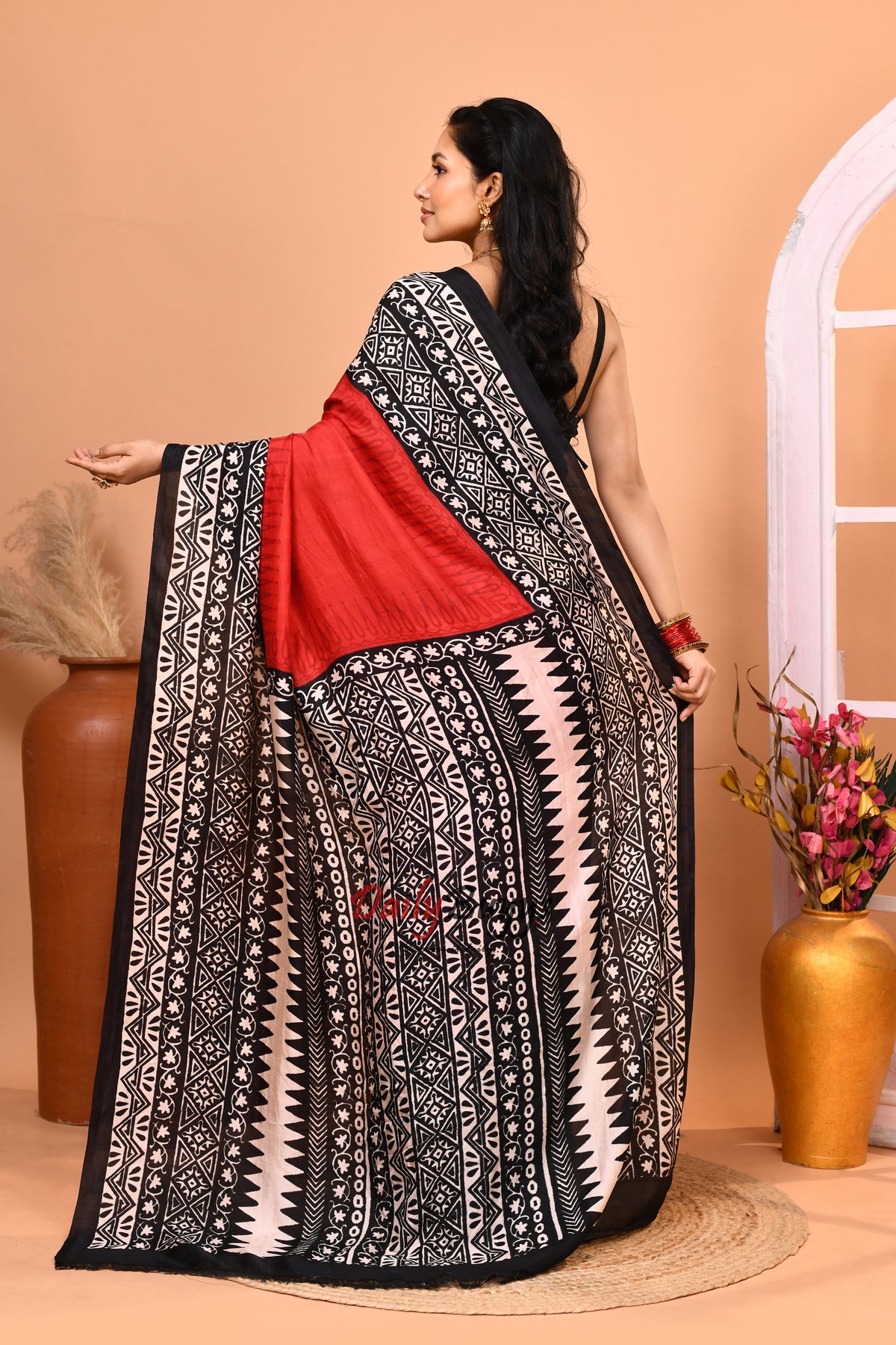 Red Black Block Printed Pure Silk Mark Certified Bishnupuri Silk Sarees