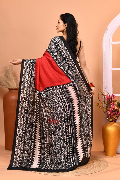 Red Black Block Printed Pure Silk Mark Certified Bishnupuri Silk Sarees