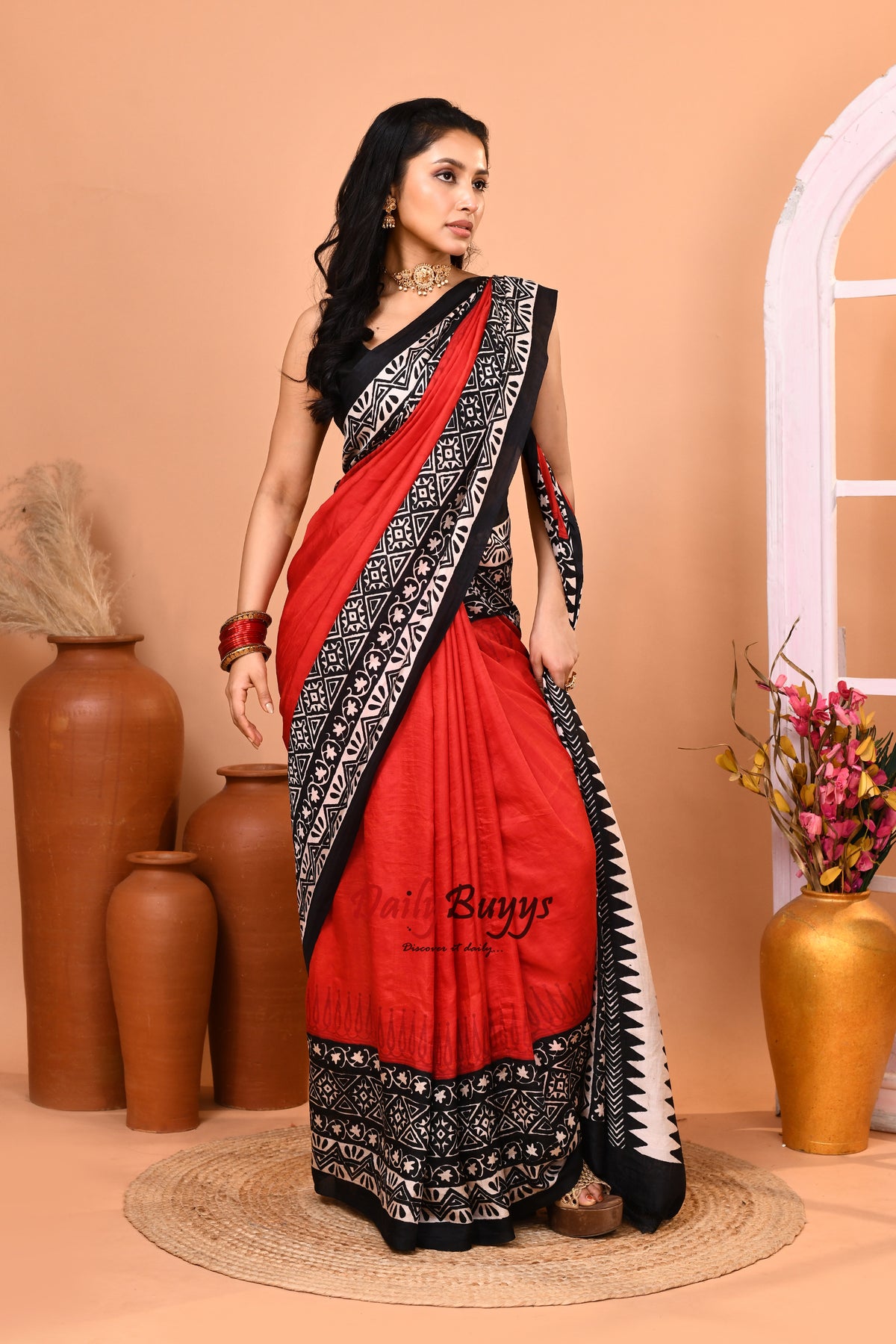 Red Black Block Printed Pure Silk Mark Certified Bishnupuri Silk Sarees
