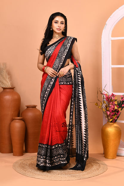 Red Black Block Printed Pure Silk Mark Certified Bishnupuri Silk Sarees