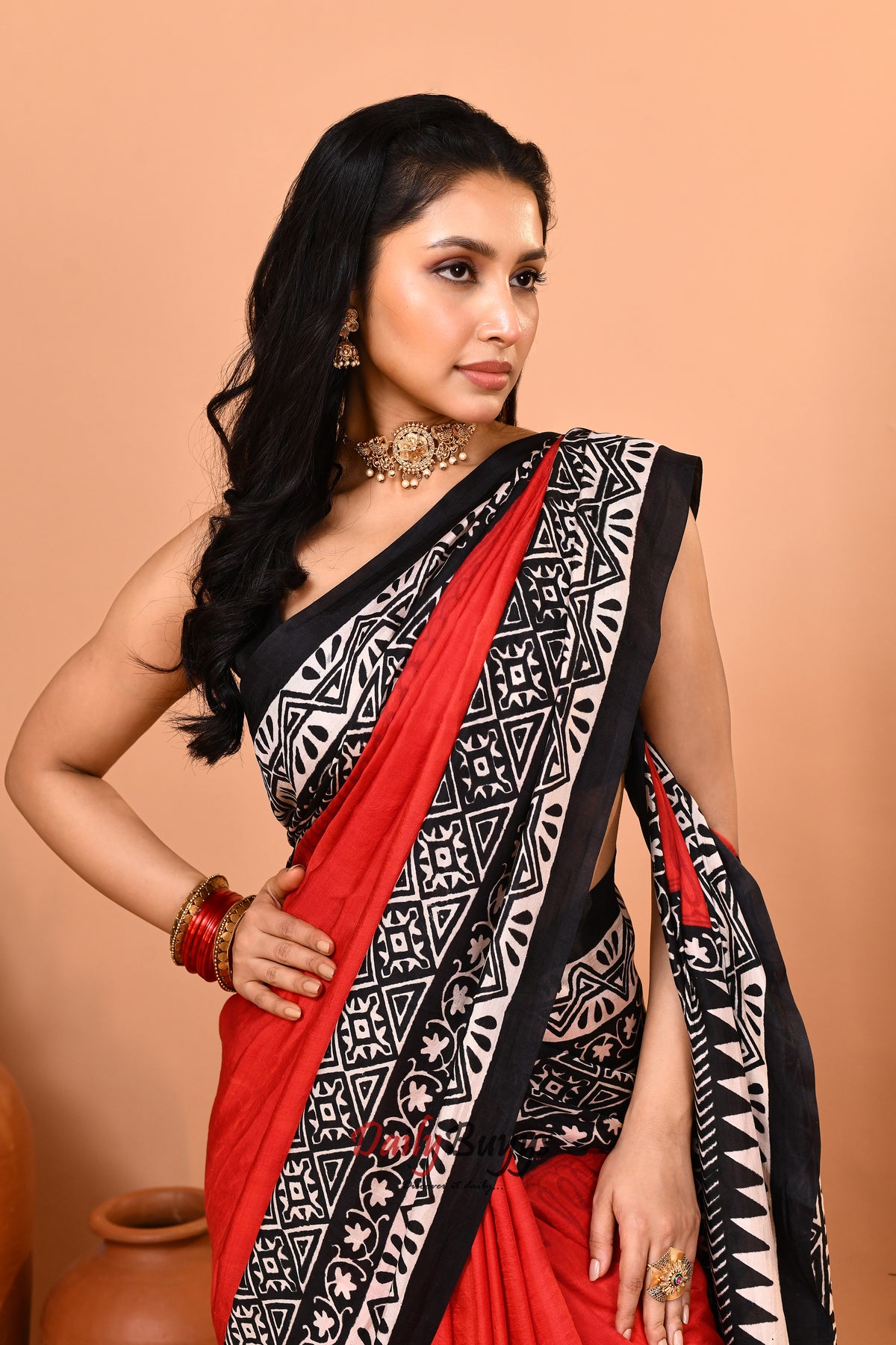 Red Black Block Printed Pure Silk Mark Certified Bishnupuri Silk Sarees