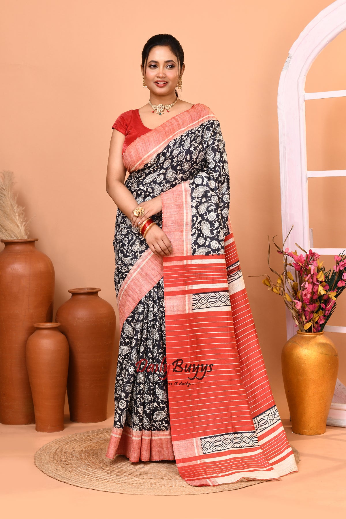 Black Digital Printed Pure Silk Mark Certified Tussar Ghicha Silk Sarees