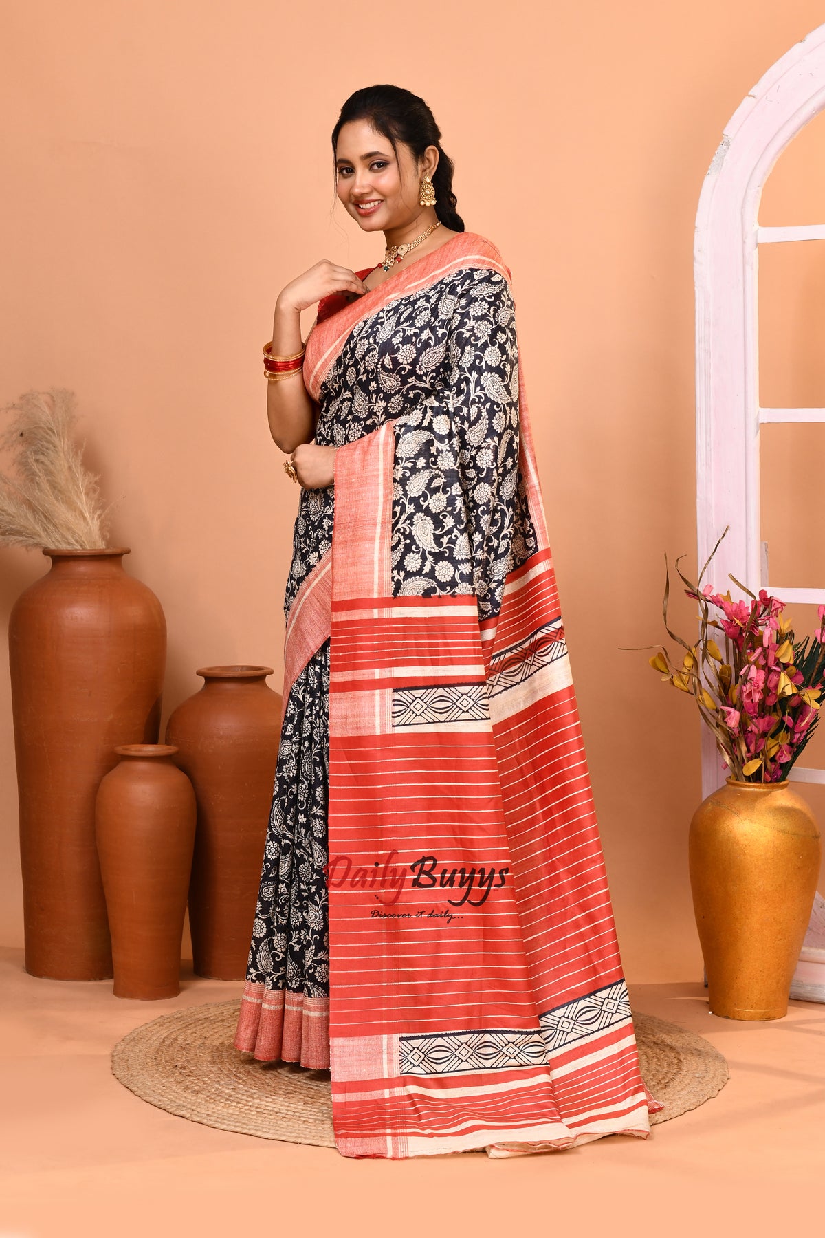 Black Digital Printed Pure Silk Mark Certified Tussar Ghicha Silk Sarees