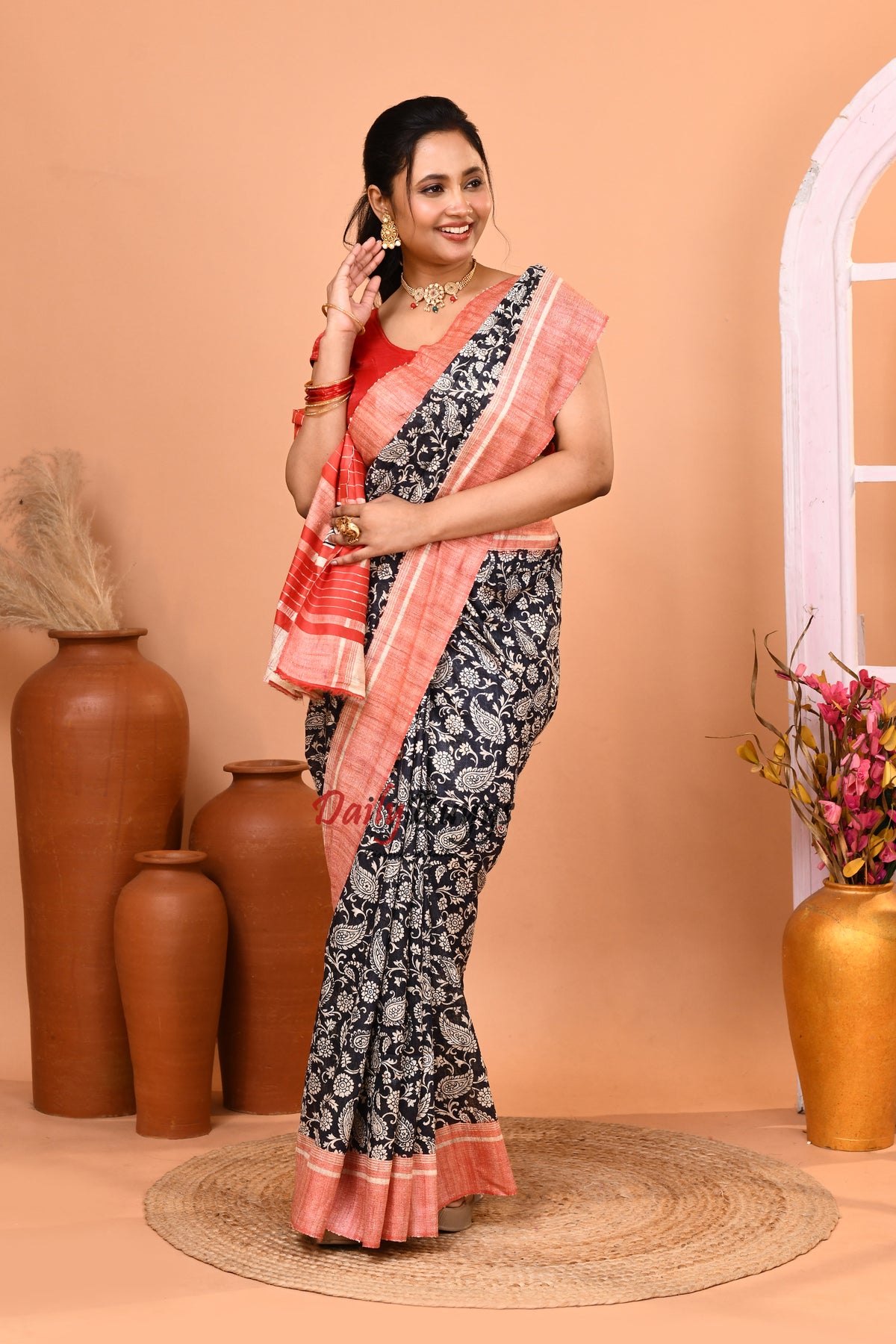 Black Digital Printed Pure Silk Mark Certified Tussar Ghicha Silk Sarees