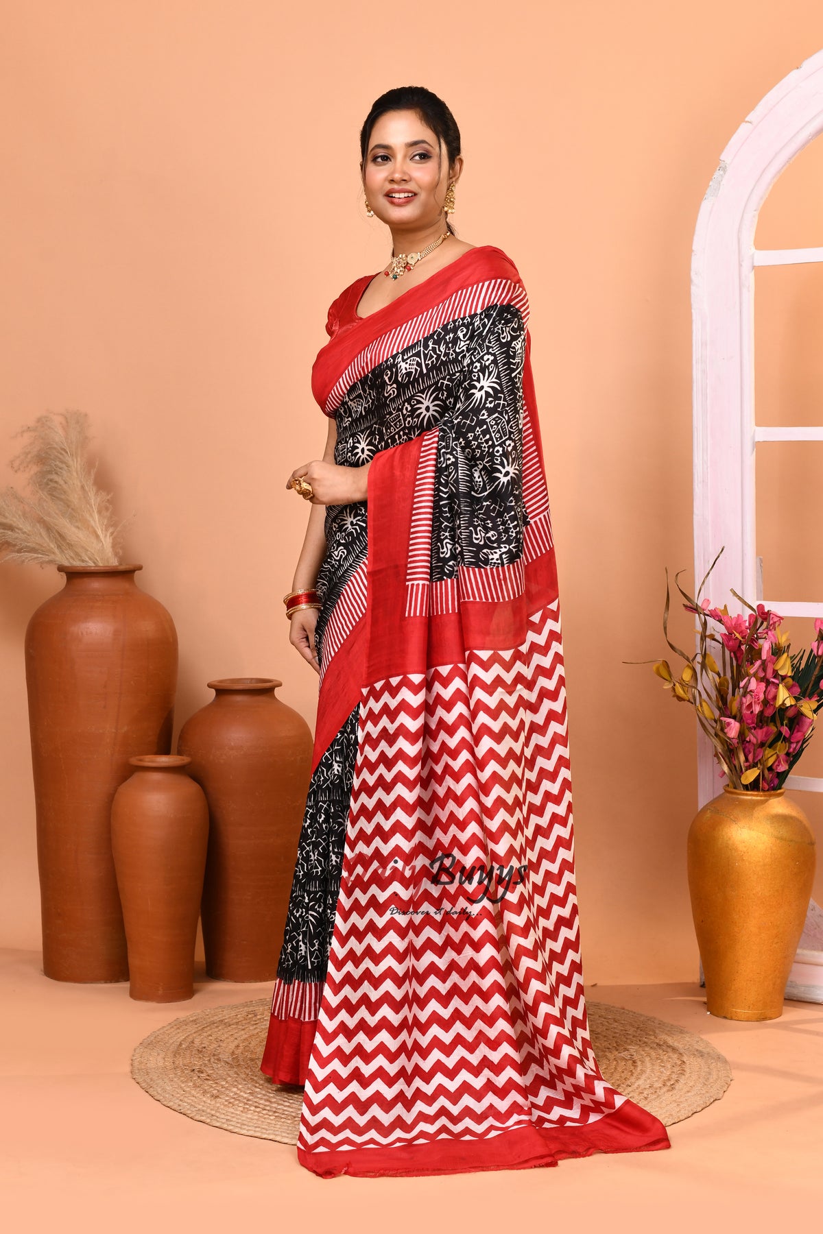 Black And Red Block Printed Pure Silk Mark Certified Bishnupuri Silk Sarees