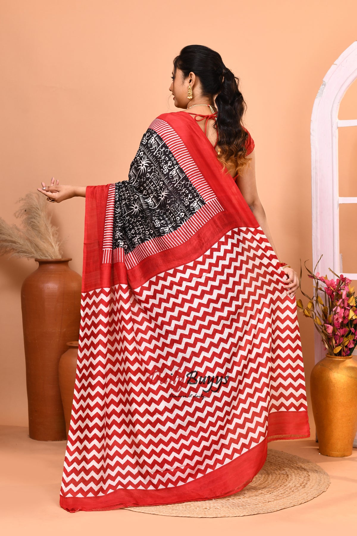 Black And Red Block Printed Pure Silk Mark Certified Bishnupuri Silk Sarees