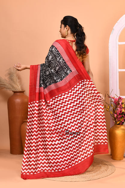 Black And Red Block Printed Pure Silk Mark Certified Bishnupuri Silk Sarees