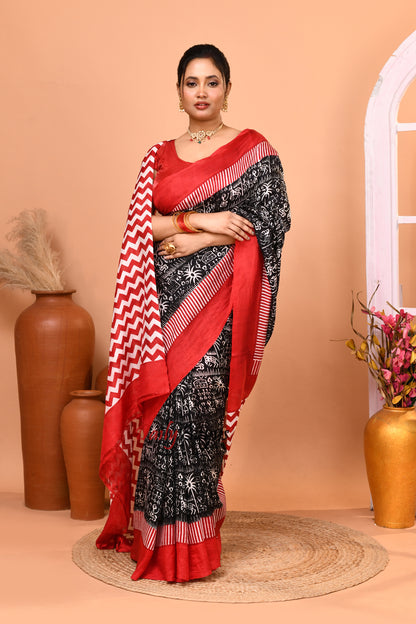 Black And Red Block Printed Pure Silk Mark Certified Bishnupuri Silk Sarees