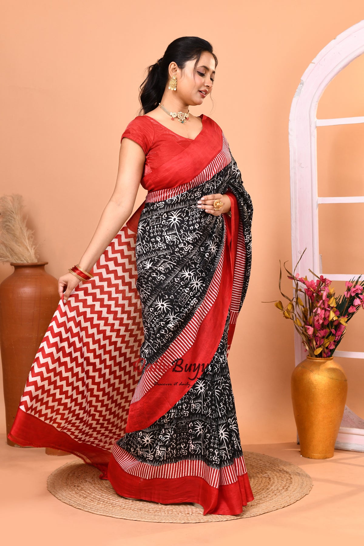 Black And Red Block Printed Pure Silk Mark Certified Bishnupuri Silk Sarees