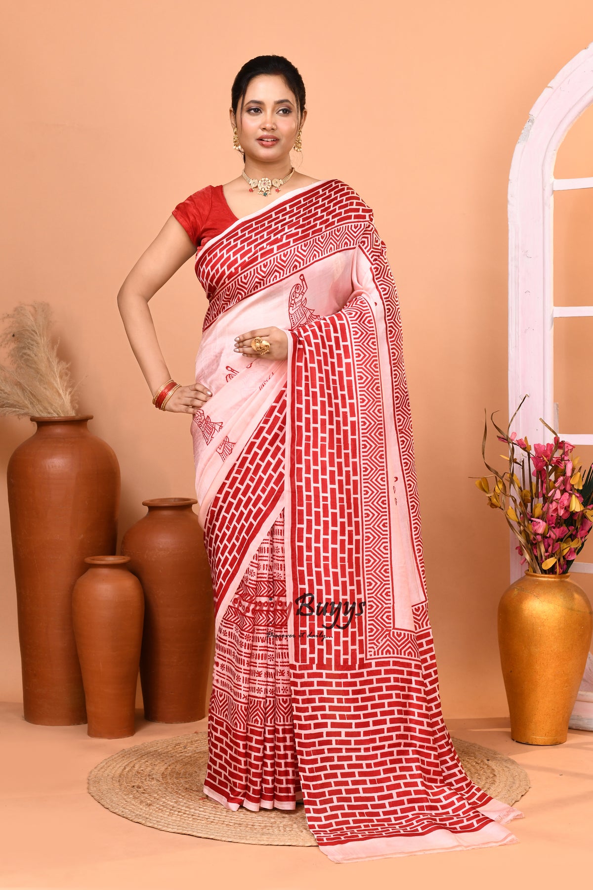 Red White Block Printed Pure Silk Mark Certified Bishnupuri Silk Sarees