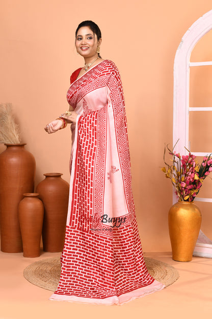 Red White Block Printed Pure Silk Mark Certified Bishnupuri Silk Sarees