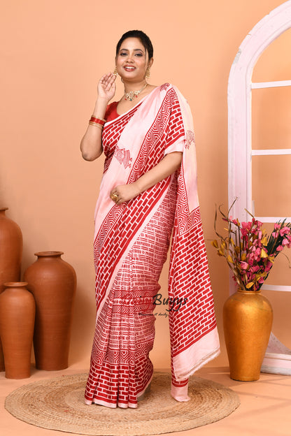 Red White Block Printed Pure Silk Mark Certified Bishnupuri Silk Sarees