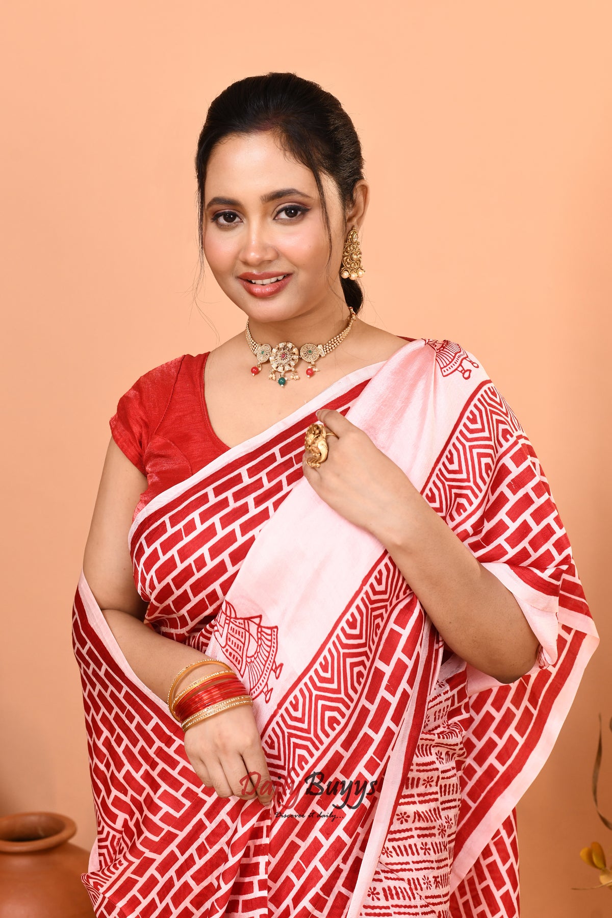 Red White Block Printed Pure Silk Mark Certified Bishnupuri Silk Sarees