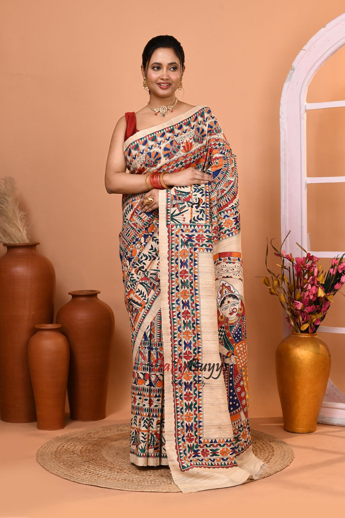 Beige Madhubani Bridal Pure Silk Mark Certified Tussar Ghicha Silk Sarees