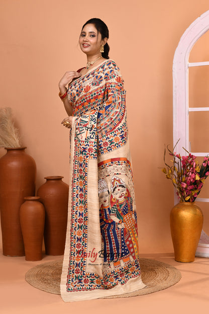 Beige Madhubani Bridal Pure Silk Mark Certified Tussar Ghicha Silk Sarees