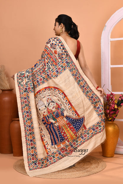 Beige Madhubani Bridal Pure Silk Mark Certified Tussar Ghicha Silk Sarees