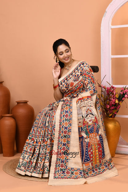 Beige Madhubani Bridal Pure Silk Mark Certified Tussar Ghicha Silk Sarees