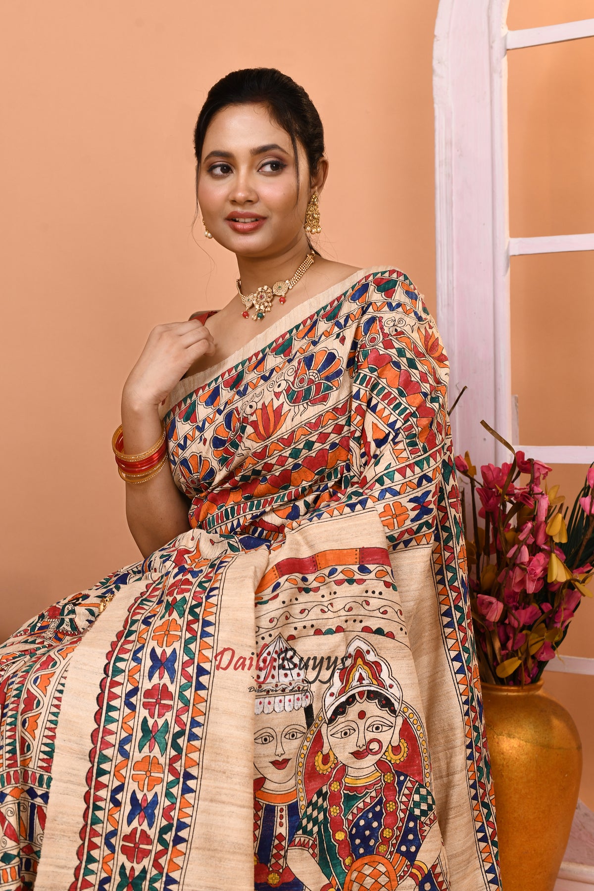 Beige Madhubani Bridal Pure Silk Mark Certified Tussar Ghicha Silk Sarees