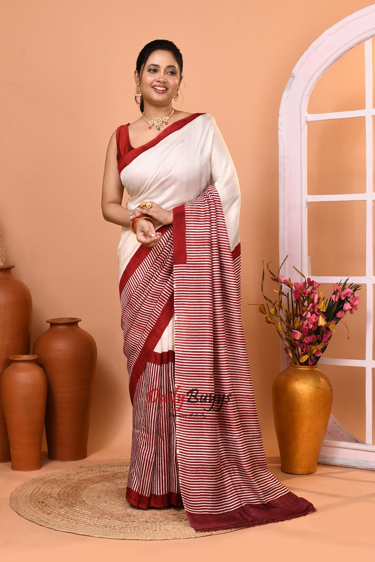 Red White Block Printed Pure Silk Mark Certified Bishnupuri Silk Sarees