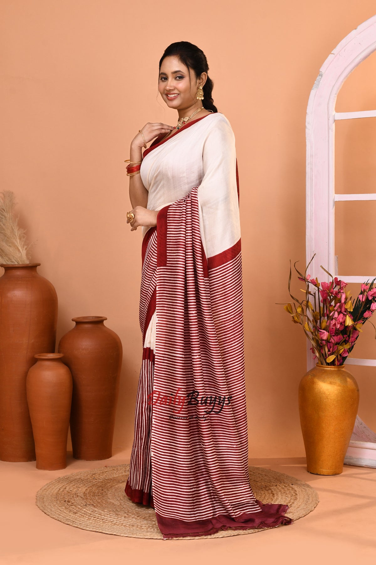 Red White Block Printed Pure Silk Mark Certified Bishnupuri Silk Sarees