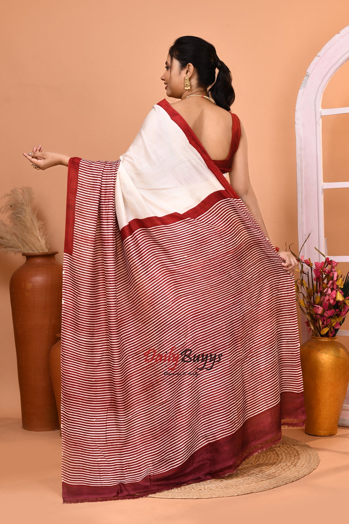 Red White Block Printed Pure Silk Mark Certified Bishnupuri Silk Sarees