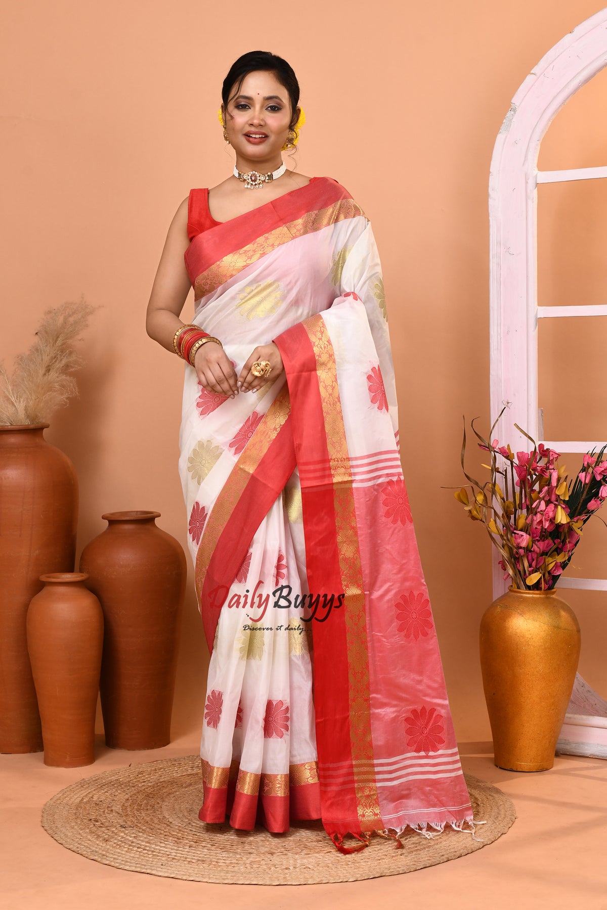 Red White Semi Tussar Silk Sarees