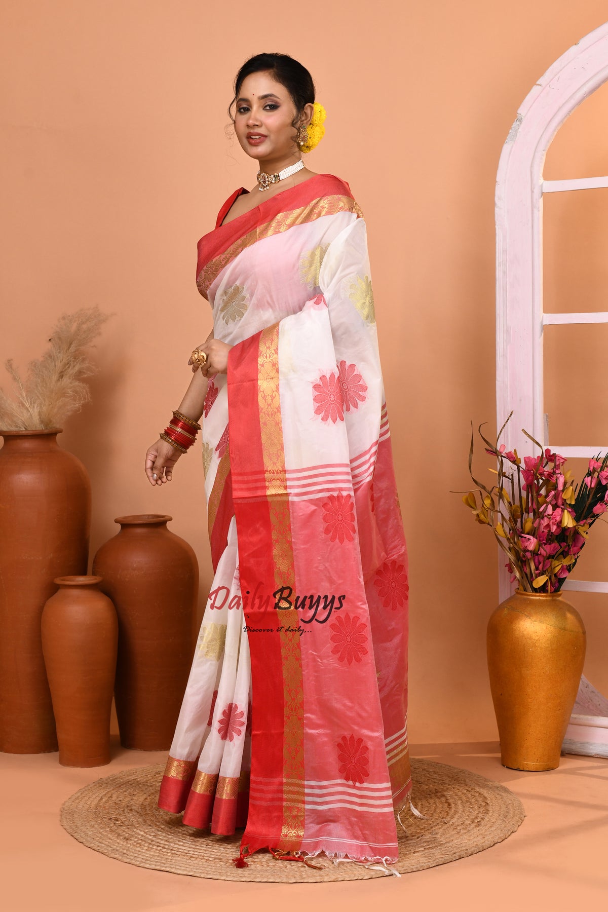 Red White Semi Tussar Silk Sarees