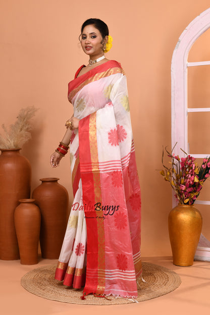 Red White Semi Tussar Silk Sarees