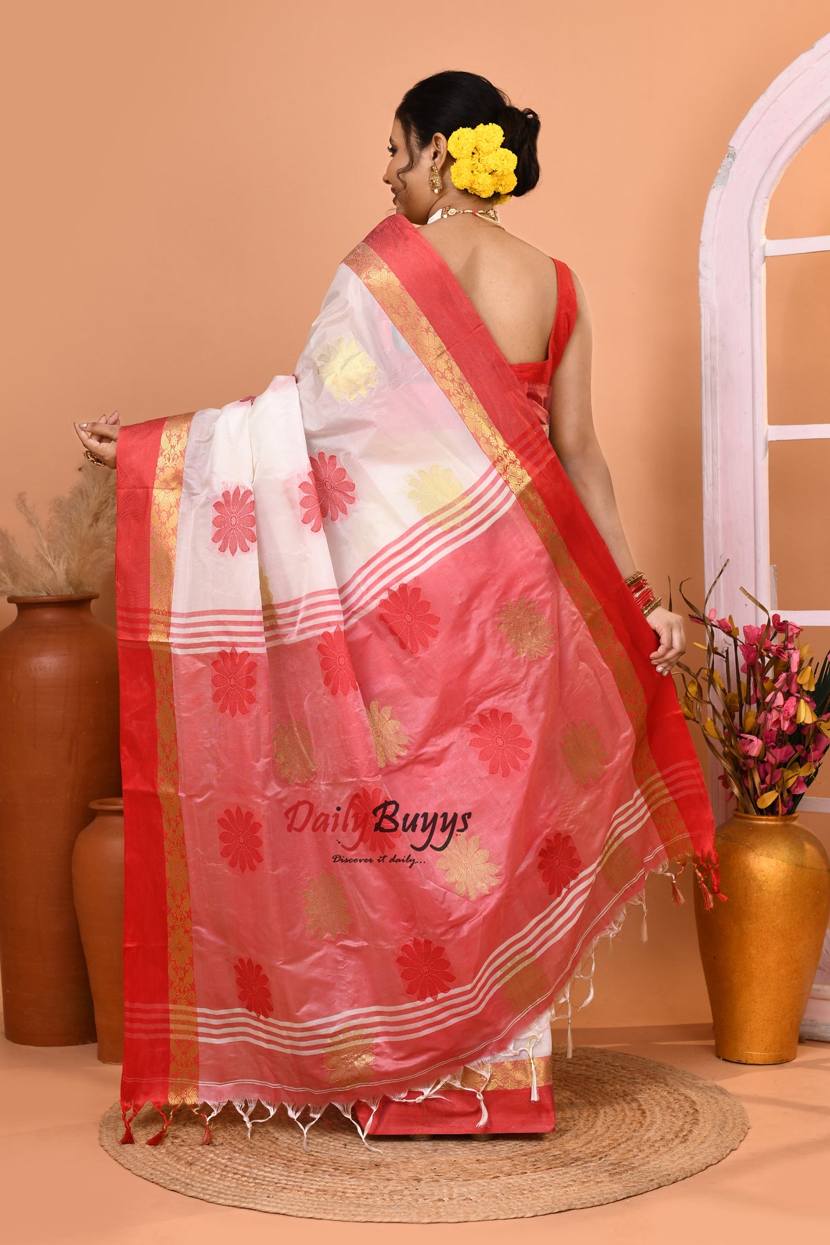 Red White Semi Tussar Silk Sarees