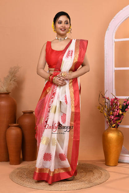 Red White Semi Tussar Silk Sarees