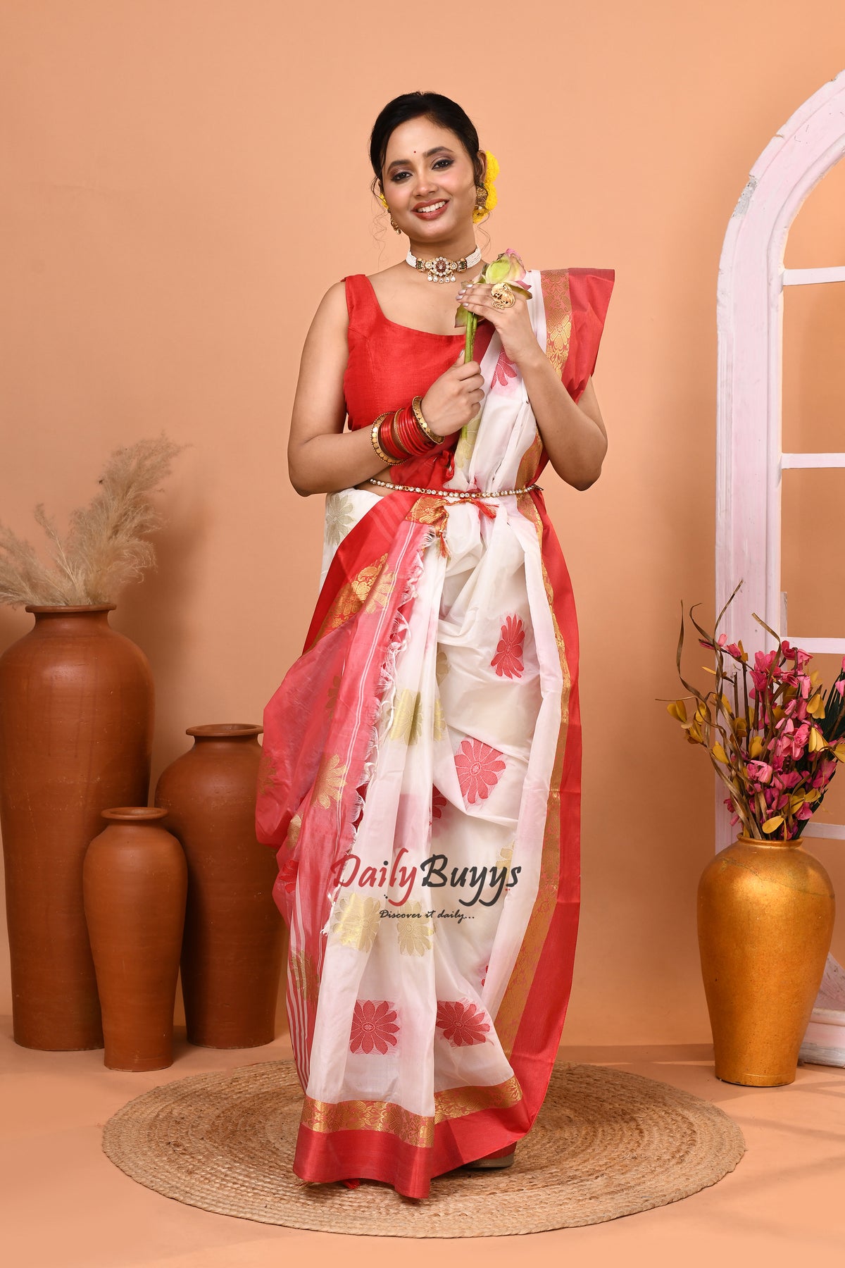 Red White Semi Tussar Silk Sarees