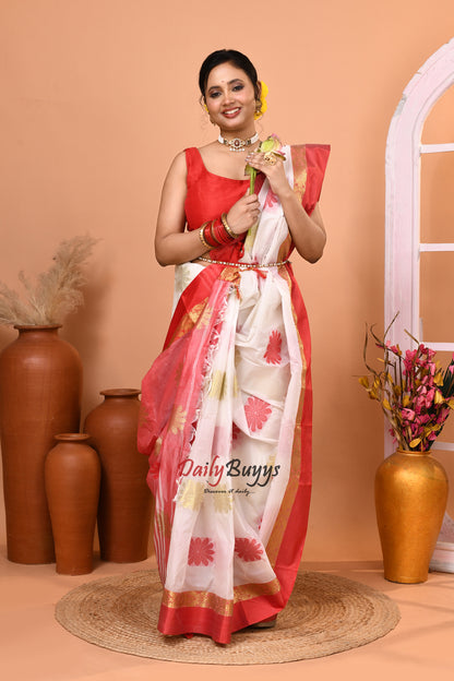 Red White Semi Tussar Silk Sarees