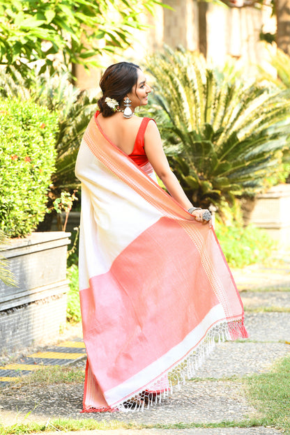 White and Red Cotton Handloom Sarees