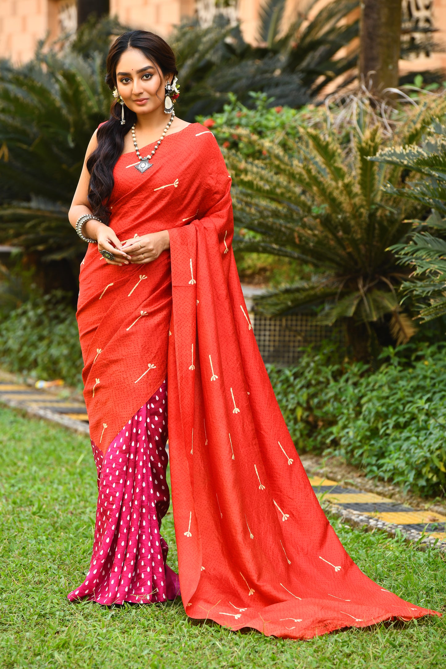 Red and Pink Block Printed Pure Silk Mark Certifed Bishnupuri Silk Sarees