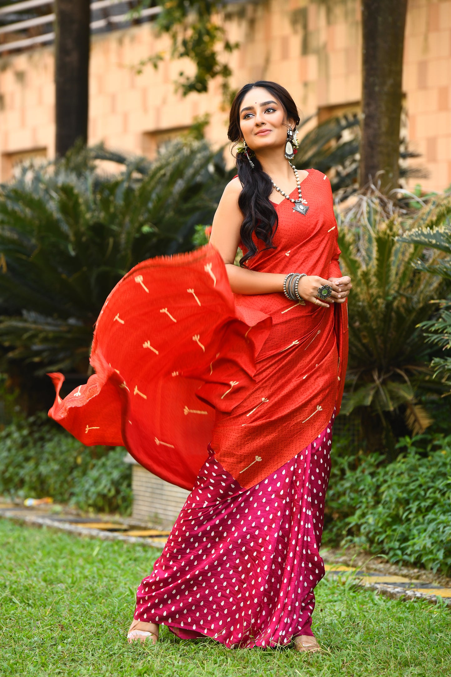 Red and Pink Block Printed Pure Silk Mark Certifed Bishnupuri Silk Sarees