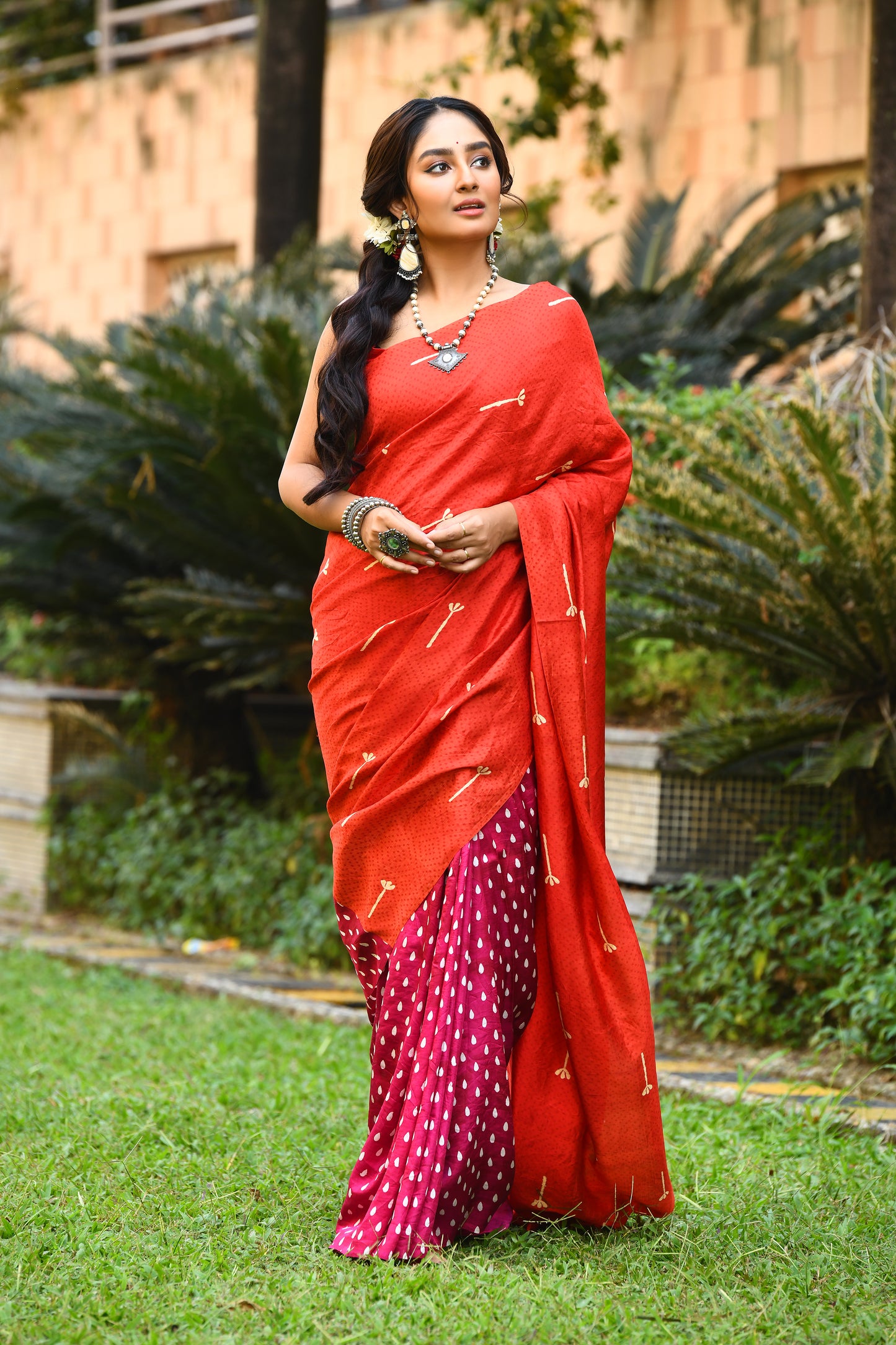 Red and Pink Block Printed Pure Silk Mark Certifed Bishnupuri Silk Sarees