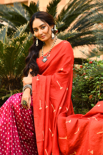 Red and Pink Block Printed Pure Silk Mark Certifed Bishnupuri Silk Sarees