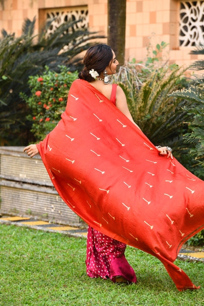 Red and Pink Block Printed Pure Silk Mark Certifed Bishnupuri Silk Sarees