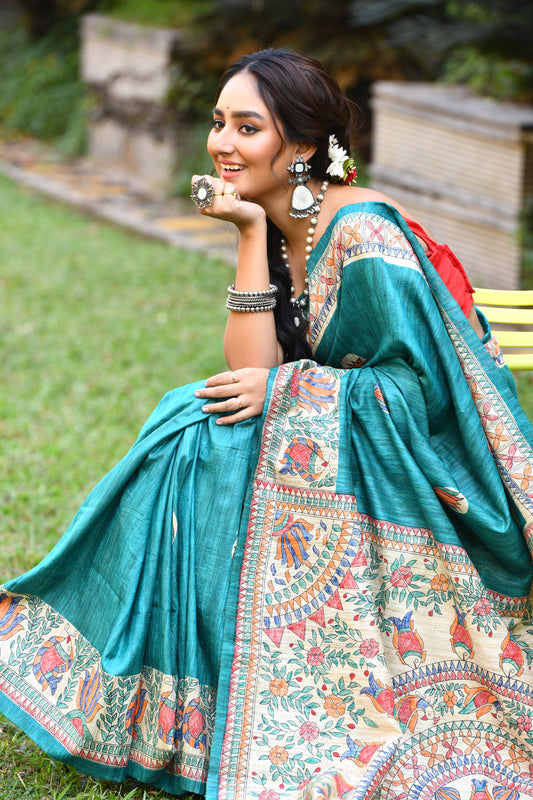 Green Madhubani Pure Silk Mark Certified Tussar Ghicha Silk Sarees - Dailybuyys