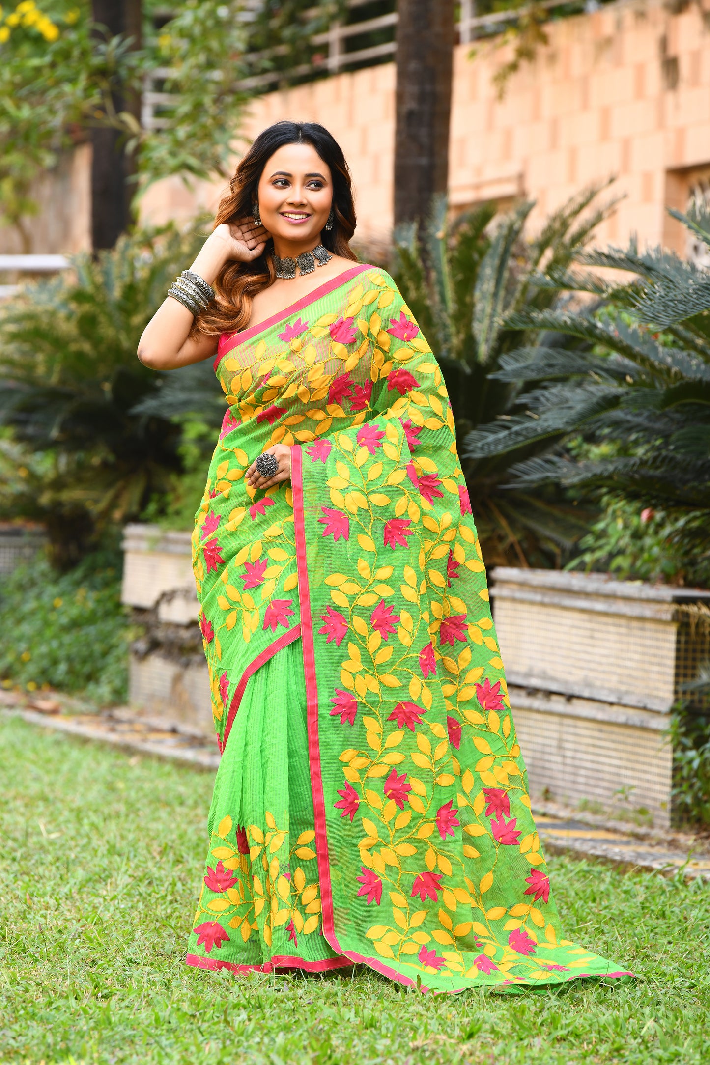 Green Applique Work Pure Noil Cotton Sarees