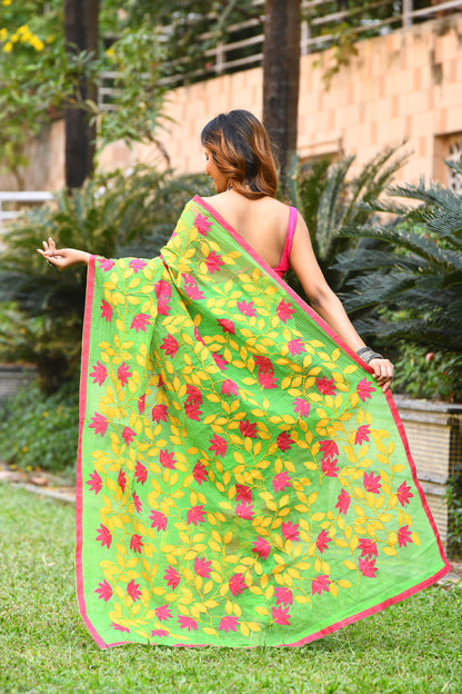 Green Applique Work Pure Noil Cotton Sarees