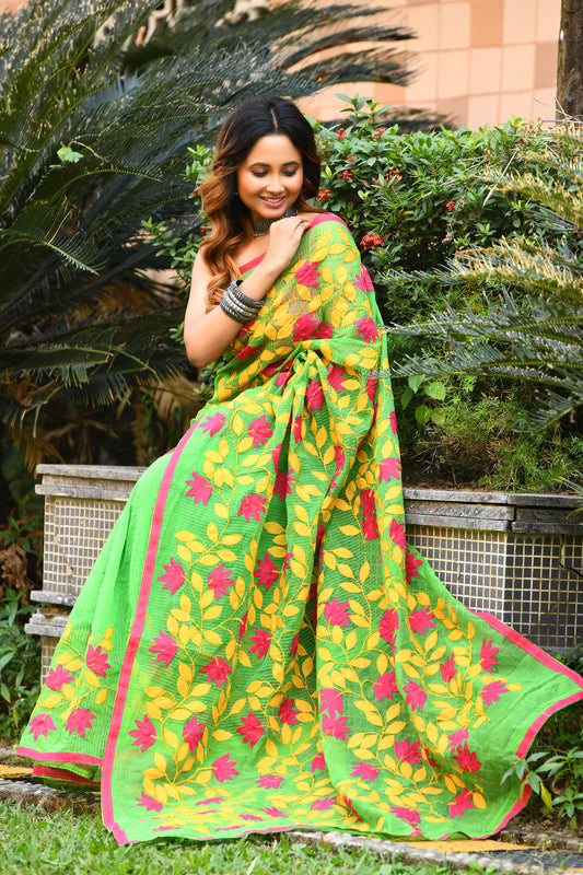 Green Applique Work Pure Noil Cotton Sarees - Dailybuyys