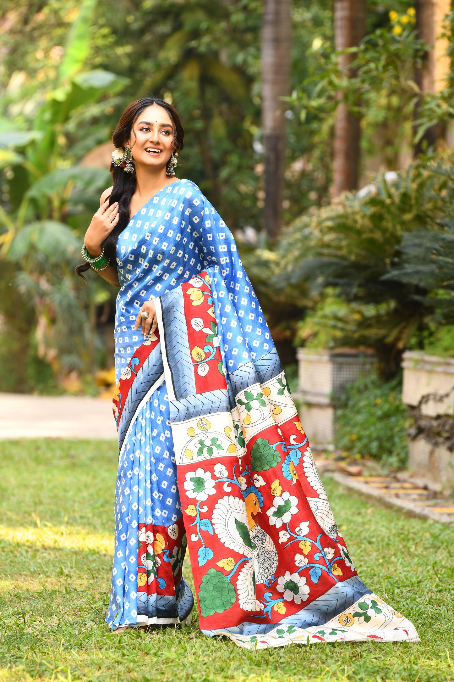 Blue Hand Painted Bishnupuri Silk Mark Certified Kalamkari Sarees